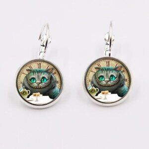 Grinning Cheshire Cat Glass Cabochon Silver Plated Handmade Leverback Earrings